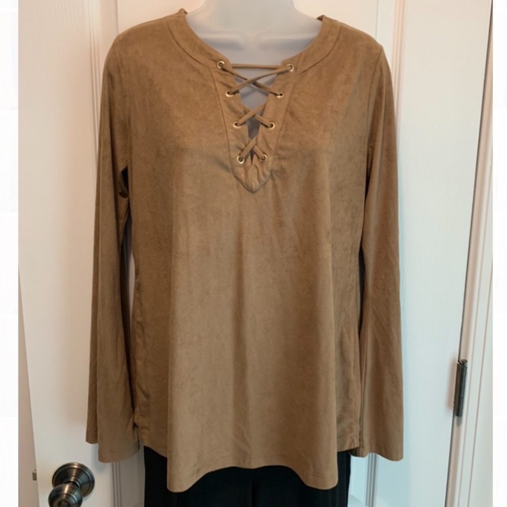 Cato Women’s taupe long sleeve (suede feel) blouse with flare sleeve